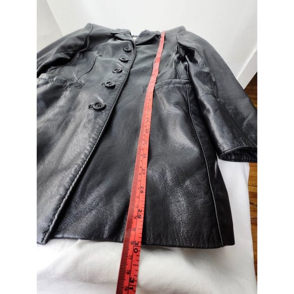 Vtg Late 90s Early 00s Women's Genuine Leather Long Black Button-Up Jacket Rock - Picture 14 of 16